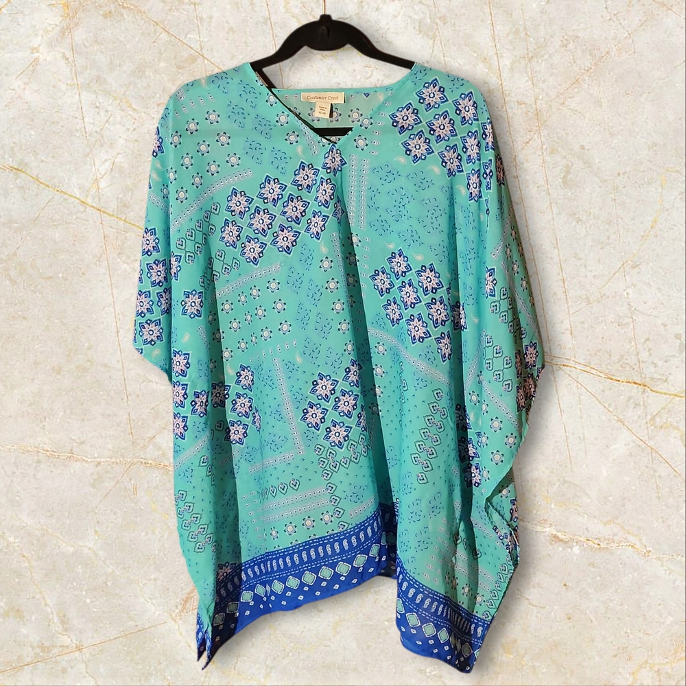 COLDWATER CREEK | Teal Blue Floral Summer Shawl Poncho Boho Wrap Swim Cover | XL